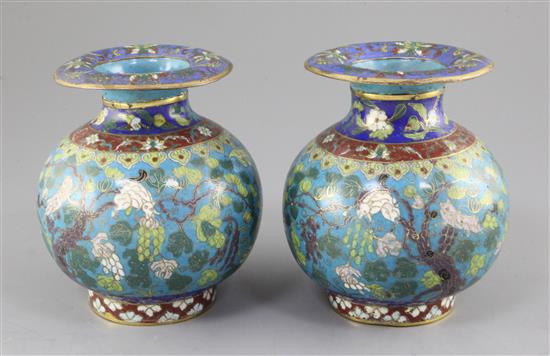 A pair of Chinese cloisonne enamel squirrel and vine vases, Zhadou, 18th century, height 17cm, slight damage